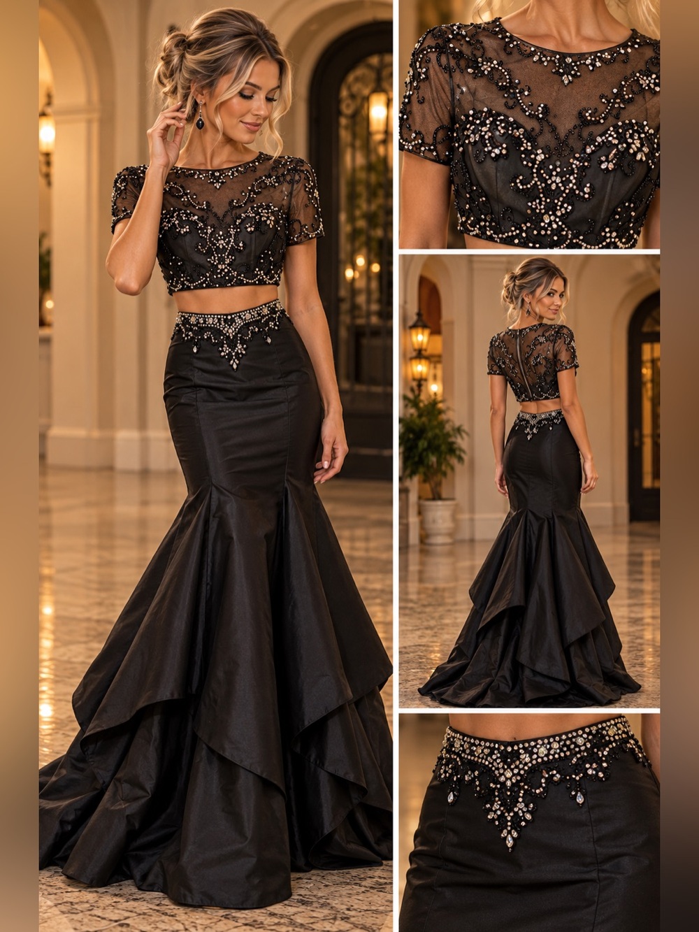 Black Beaded Two-Piece Evening Dress
